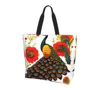 Peacock Red flower Printed tote bag, shoulder bag, suitable for travel, beach, and everyday shopping., Peacock Red Flower, One Size