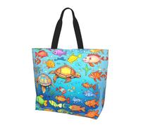 Peacock Red flower Printed tote bag, shoulder bag, suitable for travel, beach, and everyday shopping., Turtle and Fish, One Size