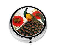 Peacock Red Flower Round Mini Pill Box: 3-Compartment Portable Metal Pill Organizer with Snap Closure, Ideal for Daily Travel Use