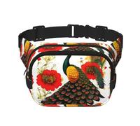 Peacock Red flower Square Double Layer Waist Bag Belt - Unisex Everywhere Fanny Pack Purse for Running, Travel, Hiking, Fitness, Black, One Size