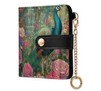 Peacock Roses Garden Pink Print Small Women Wallet Bifold RFID Blocking Leather Compact Card Holder with Coin Pocket Zipper Purse for Ladies Women Girls