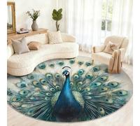 Peacock Round Area Rug 120cm - Peacock Feather Circle Rug Small, Bird Living Room Round Rugs, Washable Area Rug for Bedroom Under Dining Table, Animal Home Decor & Gifts
