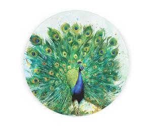 Peacock Round Glass Worktop Saver - Exotic Feathered Majestic Bird Housewarming Gifts - Textured Kitchen Chopping Board/Worktop Protector Non-Slip Feet 30cm x 30cm (12" x 12")