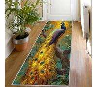 Peacock Runner Rug, 80x150cm, Gold Bird Feather Home Decor Long Front Door Mat Washable Luxury Print Runners for Hallway Entryway Bedroom Living Room Kitchen Non-Slip Non-Shedding Fs736
