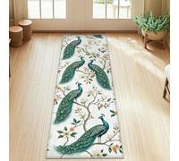 Peacock Runner Rug, Botanical Elegant Flower Branch Spring Turquoise Low Pile Rectangle Floor Carpets Edge Binding for Kitchen Entryway Bathroom Doorway Decor 2x5 Ft