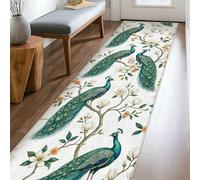 Peacock Runner Rug, Botanical Elegant Flower Branch Spring Turquoise Non-Slip Indoor Rectangle Carpet Non Shedding for Kitchen Entryway Bathroom Doorway Decor 2x8 Ft