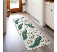 Peacock Runner Rug, Elegant Nature-Inspired Flower Branch Spring Teal Non-Slip Home Floor Rectangle Print Carpet for Kitchen Laundry Room Doorway Entryway Decor 2x5 Ft