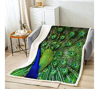 Peacock Sherpa Blanket Green Cute Animal Fleece Throw Blanket for Kids Boys Girls Peacock Feather Fuzzy Blanket for Sofa Bed Couch Luxury Cute Animals Decor Double 60"x79"