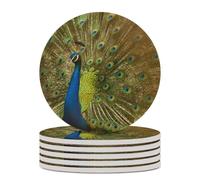 Peacock Show Round Ceramic Coasters Non-Slip Cork Base Drinks Holder Craft 6PCS