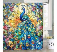 Peacock Shower Curtain,Boho Vibrant Stained Glass Design and Floral Fabric Shower Curtains Set for Bathroom Decorative,Colorful Vintage Restroom Decor Accessories with 12PCS Hooks,69X70 in