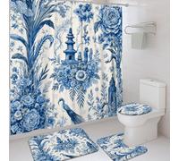 Peacock Shower Curtain Sets, Traditional Vintage Flower Pagoda None Blue Washable with Hooks Bathroom Cloth Shower Curtain and Rug Set for Bathtub Toile Guest Room Decor 72x72 Inch