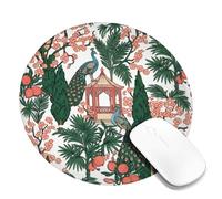 Peacock Small Mouse Pad, Oriental Floral Blossoms Pagoda Spring Green Round Rubber Smooth Aesthetic Desk Mousepads Desk Accessories for Gaming Computer Laptop Round 8x8 Inch