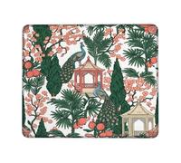 Peacock Small Mouse Pad, Oriental Floral Blossoms Pagoda Spring Green Square Rubber Smooth Mini Travel Desk Mousepad Desk Accessories for Gaming Computer Laptop Square 8x10 Inch