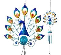Peacock Solar Windchime - 50" Colorful LED Outdoor Decor with Crackle Glass Balls, Waterproof Metal Hanging Chimes for Yard Patio Memorial Gift
