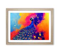 Peacock Splash Abstract Framed Wall Art Print A2 Oak