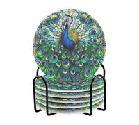 Peacock Stained Glass Pattern Drink Coasters, Kitchen Absorbent Mat, Coaster 6 Pack Office Drinks