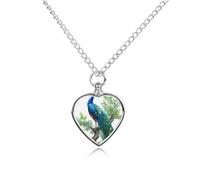 Peacock Standing on A Branch Pet Ash Necklace Keepsake Memorial Heart Pendant Jewelry