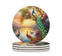 Peacock Sun Ceramic Coasters for Drinks Cup Coasters with Cork Base for Coffee Table Desk 4PCS