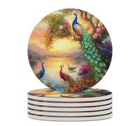Peacock Sun Ceramic Coasters for Drinks Cup Coasters with Cork Base for Coffee Table Desk 6PCS