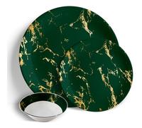 Peacock Supplies 18 Piece Dinner Set - Green & Gold Marble | Ceramic Porcelain China | 6 x 10.5 Dinner Plates, 6 x 7.5″ Side Plates & 6 x 7″ Bowls | Elegant & Durable | Dishwasher & Microwave Safe