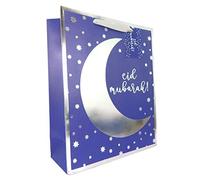 Peacock Supplies Eid Mubarak Gift Bag - 31cm x 25cm x 10cm | Blue & Silver Colour | Matching Tags Included | Sturdy 300gsm Card to Hold Sweets, Treats & Presents | Great For Kids or Adults Gifting