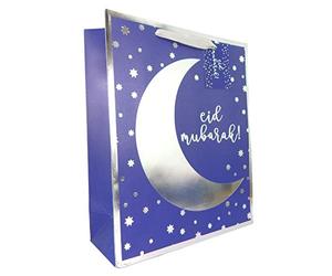 Peacock Supplies Eid Mubarak Gift Bag - 31cm x 25cm x 10cm | Blue & Silver Colour | Matching Tags Included | Sturdy 300gsm Card to Hold Sweets, Treats & Presents | Great For Kids or Adults Gifting
