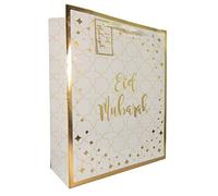 Peacock Supplies Eid Mubarak Gift Bag - 31cm x 25cm x 10cm | Cream & Gold Colour | Matching Tags Included | Sturdy 300gsm Card to Hold Sweets, Treats & Presents | Great For Kids or Adults Gifting
