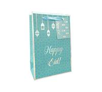 Peacock Supplies Happy Eid Gift Bag - 21 cm x 15 cm x 8 cm | Teal & Iridescent | Matching Tags Included | Sturdy 300gsm Card to Hold Sweets, Treats & Presents | Great For Kids or Adults Gifting