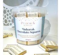 Peacock Supplies Mubarak Chocolate Squares Tub - 100 Pack | Elegant Cream & Gold Design | Table Settings or Party Favours | Suitable for Vegetarians | Elevate Your Eid Celebration | For Kids or Adults
