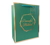 Peacock Supplies Ramadan Mubarak Gift Bag - 31cm x 25cm x 10cm | Elegant Green & Gold Colour | Matching Tag | Sturdy 300gsm Card to Hold Sweets, Treats & Presents | Great For Kids Gifting