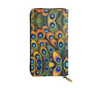 Peacock tail feathers Zipper leather wallet, 7.5 * 4.1 inch long clutch bag, multiple compartments and large capacity, a good gift for friends