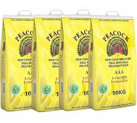 Peacock Thai Hom Mali Jasmine Rice AAA 100% Pure New-Crop, Fragrant Long-Grain, Soft & Fluffy Texture, Authentic Product of Thailand, 10 kg Bag (Pack of 1) (Pack of 4)
