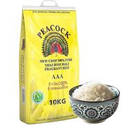 Peacock Thai Hom Mali Jasmine Rice AAA 100% Pure New-Crop, Fragrant Long-Grain, Soft & Fluffy Texture, Authentic Product of Thailand, 10 kg Bag (Pack of 1) (Pack of 1)