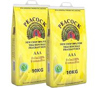Peacock Thai Hom Mali Jasmine Rice AAA 100% Pure New-Crop, Fragrant Long-Grain, Soft & Fluffy Texture, Authentic Product of Thailand, 10 kg Bag (Pack of 1) (Pack of 2)