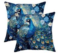 Peacock Throw Pillow Cover Set of 2 Animal Cartoon Feather Watercolor Flower Elegant Blue Velvet Decor Cushion Seasonal Textured Fluffy Porch Office Outdoor Patio Washable Pillow Covers 16x16inch