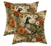 Peacock Throw Pillow Covers Set of 2, Vintage Botanical Chrysanthemum Marigold Fall Green Soft Velvet Washable Couch Pillow Covers for Home Bedroom Living Room Sofa Couch Decor 12x12 Inch
