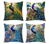 Peacock Throw Pillow Covers Set of 4, Vintage Decorative Soft Velvet Washable Cushion Covers Pillowwith Vibrant Floral and Wildlife Design for Home Bedroom Living Room Sofa Couch Decor 18x18 Inch