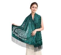 Peacock Velvet Shawl with Fringe Beaded Shawl for Women Peacock scarf Handmade Beading Indian Wraps for wome Tassel, Green-b, One Size