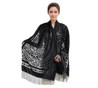 Peacock Velvet Shawl with Fringe Beaded Shawl for Women Peacock scarf Handmade Beading Indian Wraps for wome Tassel, Black-b, One Size