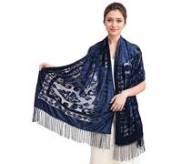 Peacock Velvet Shawl with Fringe Beaded Shawl for Women Peacock scarf Handmade Beading Indian Wraps for wome Tassel, Navy-a, One Size