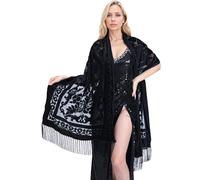 Peacock Velvet Shawl with Fringe Beaded Shawl for Women Peacock scarf Handmade Beading Indian Wraps for wome Tassel, Long Black, One Size