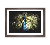 Peacock Vol.2 Paint Splash Framed Print | A2 Walnut Framed Wall Art | Ready to Hang | Modern Animal Picture | Living Room Bedroom Lounge Office