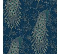 Peacock Wallpaper Navy Blue Gold Metallic Feather Floral Vintage Birds Rasch