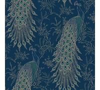 Peacock Wallpaper Navy Blue Gold Metallic Feather Floral Vintage Birds YL