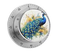 Peacock Watercolor Painting Kitchen Timer - Mechanical Visual Timer, Stainless Steel Digital Timers with Magnetic Base Egg Timers for Hard Boiled Eggs 60-Minute Countdown Kitchen Clock for Cooking