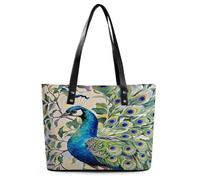 Peacock Watercolor Painting Tote Bag Large Soft Leather Purse with Zipper Lightweight Ladies Shoulder Handbag