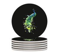 Peacock Watercolor Round Ceramic Coasters Non-Slip Cork Base Drinks Holder Craft 6PCS