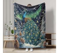 Peacock Winter Blanket, Vibrant Green and Blue Feathers Holiday Decor Throw Blanket, Cozy Flannel Soft Bed and Sofa Warmer for All Seasons 60x80 Inch
