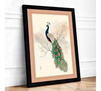 Peacock with Botanicals Japandi Framed Wall Art Print A1 (84.1×59.4cm) Black, Wall Decor for Living Room, Bedroom, Office & Home, Ready to Hang, Art Gift