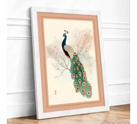 Peacock with Botanicals Japandi Framed Wall Art Print A2 (59.4×42cm) White, Wall Decor for Living Room, Bedroom, Office & Home, Ready to Hang, Art Gift